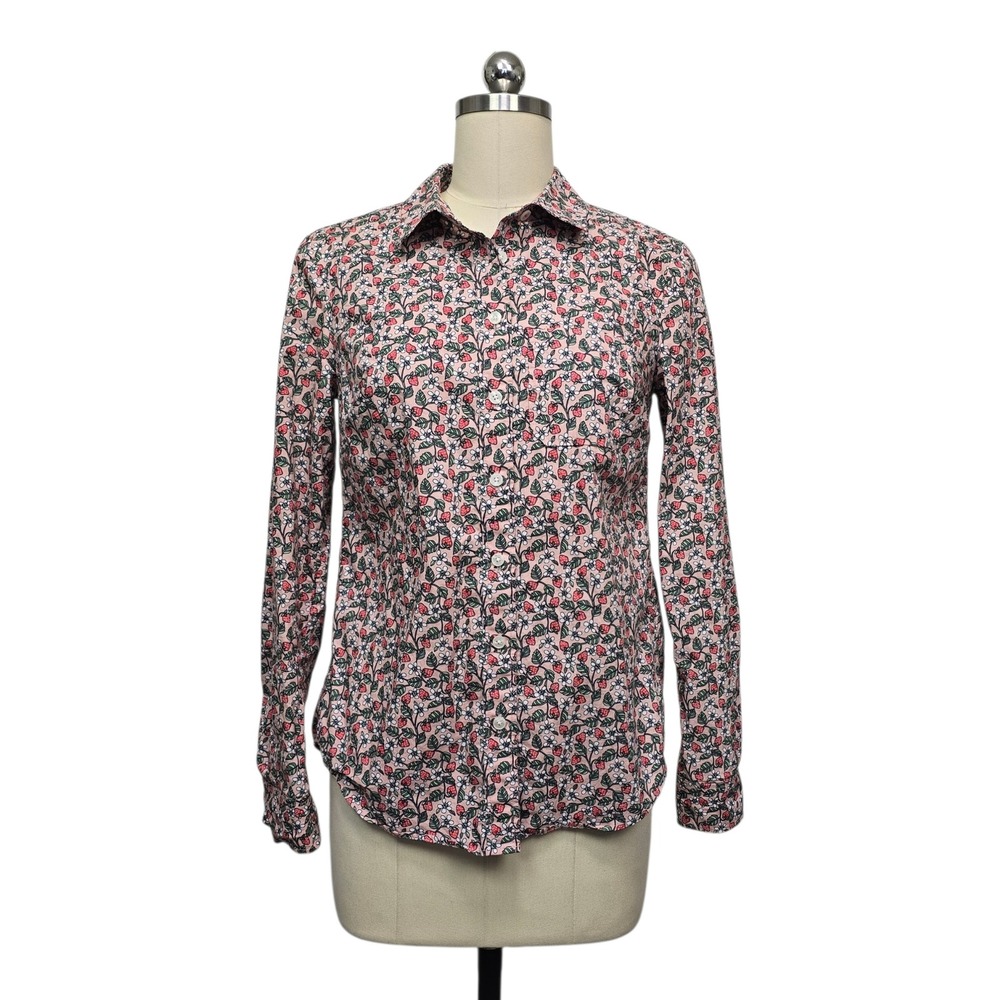 Boden Women Pink Strawberry Floral Print 100% Cotton Button Down Shirt Size US 2
